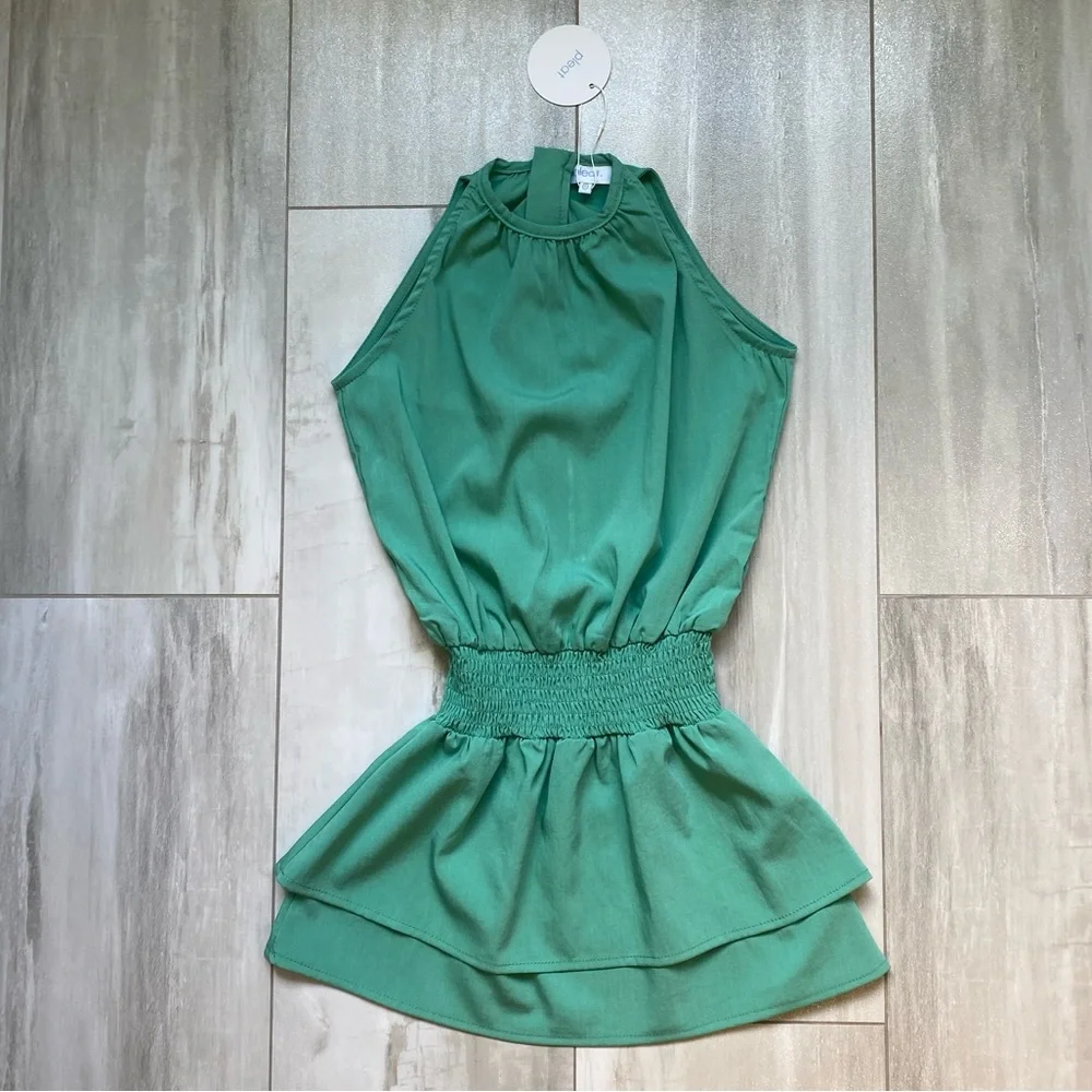 NWT Pleat. Wells Jade Green High Neck Sleeveless Dress Layered Skirt, girls 7